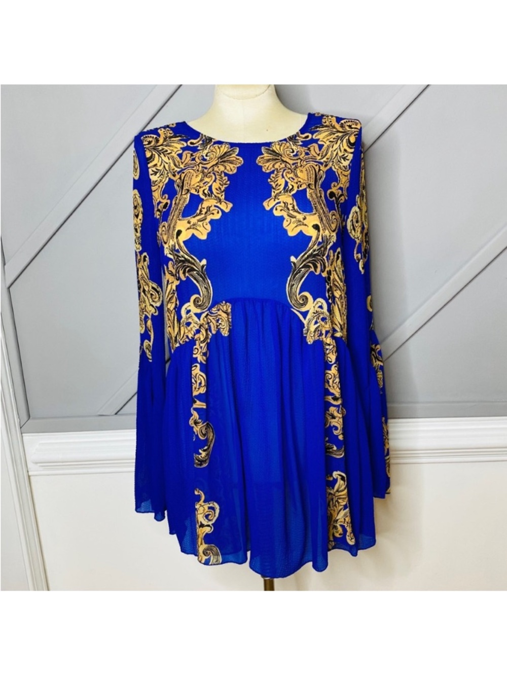 Free People Intimately Size Small Royal Blue Gold Sheer Dress Cover Up Oversized